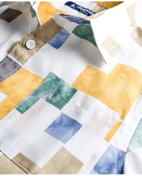 Pine Kids Cotton Woven Half Sleeves Abstract Printed Shirt - White