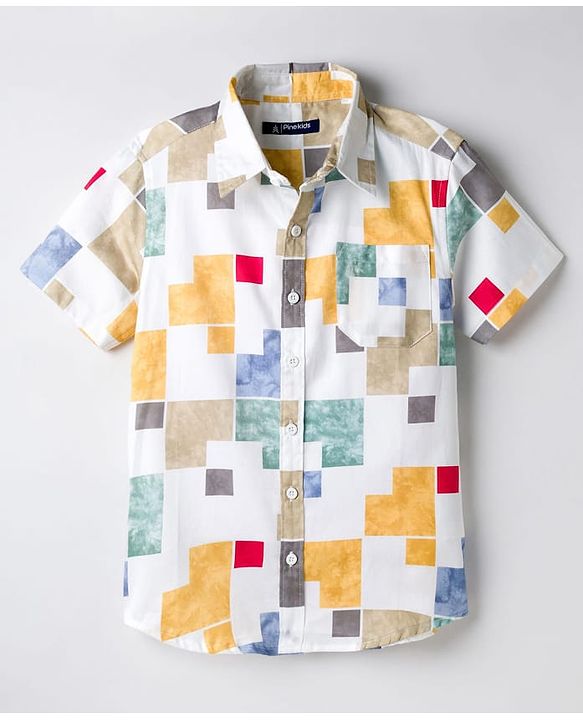 Pine Kids Cotton Woven Half Sleeves Abstract Printed Shirt - White