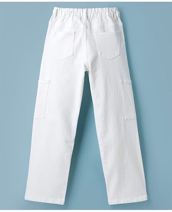 Pine Kids Denim Woven Full Length Jeans with Floral Print - White