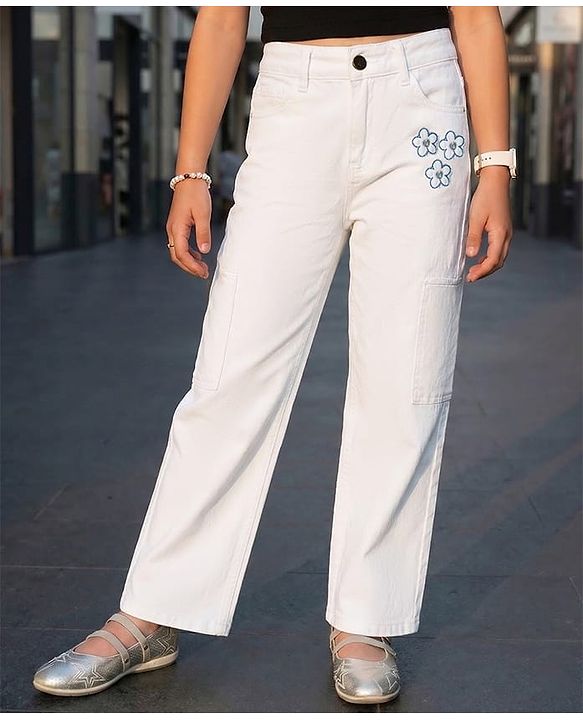 Pine Kids Denim Woven Full Length Jeans with Floral Print - White