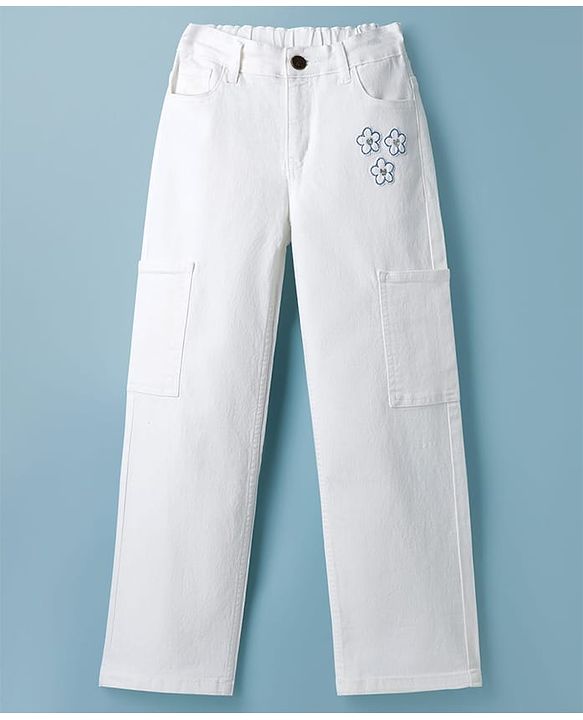 Pine Kids Denim Woven Full Length Jeans with Floral Print - White