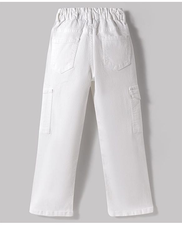 Pine Kids Denim Woven Full Length Solid Jeans With Cargo Pockets - White