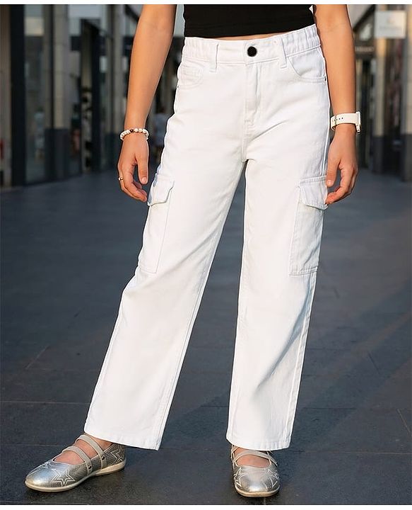 Pine Kids Denim Woven Full Length Solid Jeans With Cargo Pockets - White