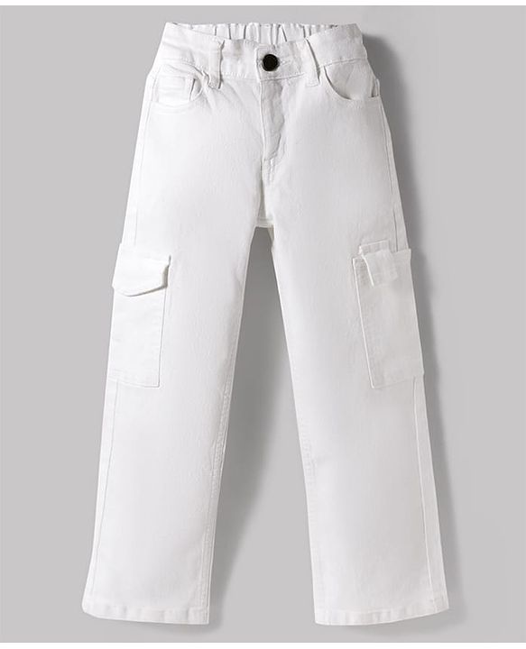 Pine Kids Denim Woven Full Length Solid Jeans With Cargo Pockets - White