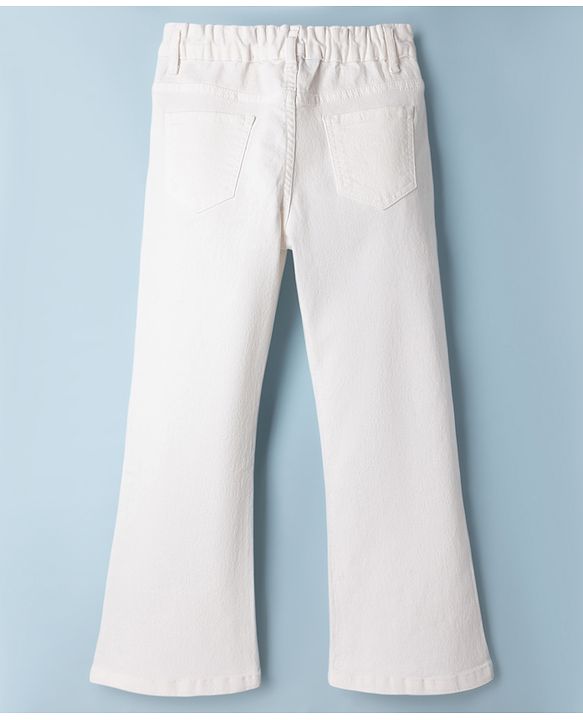 Pine Kids Denim Woven Full Length Denim Jeans with Floral Embroidery - White