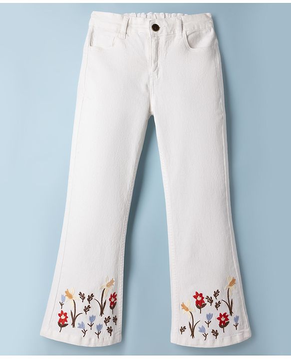 Pine Kids Denim Woven Full Length Denim Jeans with Floral Embroidery - White