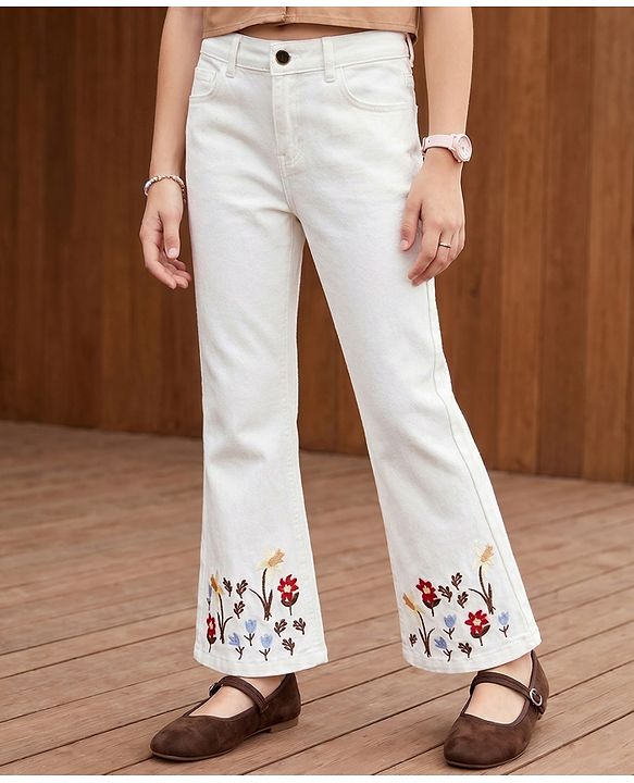 Pine Kids Denim Woven Full Length Denim Jeans with Floral Embroidery - White