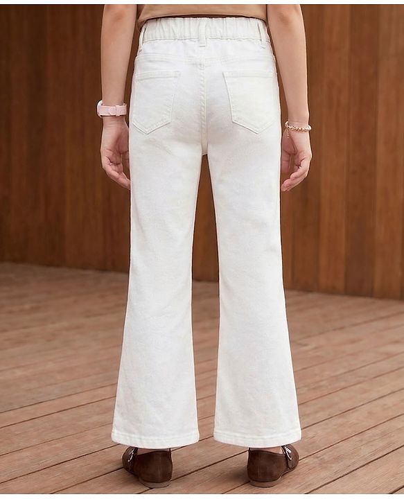 Pine Kids Denim Woven Full Length Denim Jeans with Floral Embroidery - White