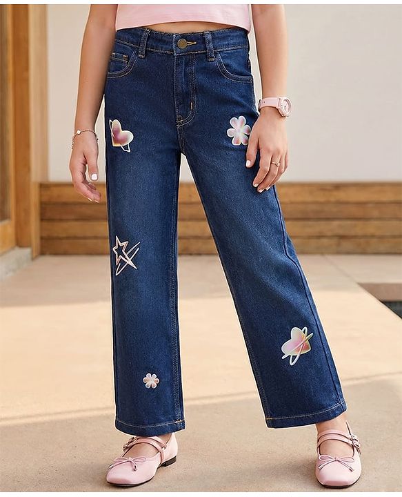 Pine Kids Denim Woven Full Length Hearts & Floral Printed Jeans - Navy Blue