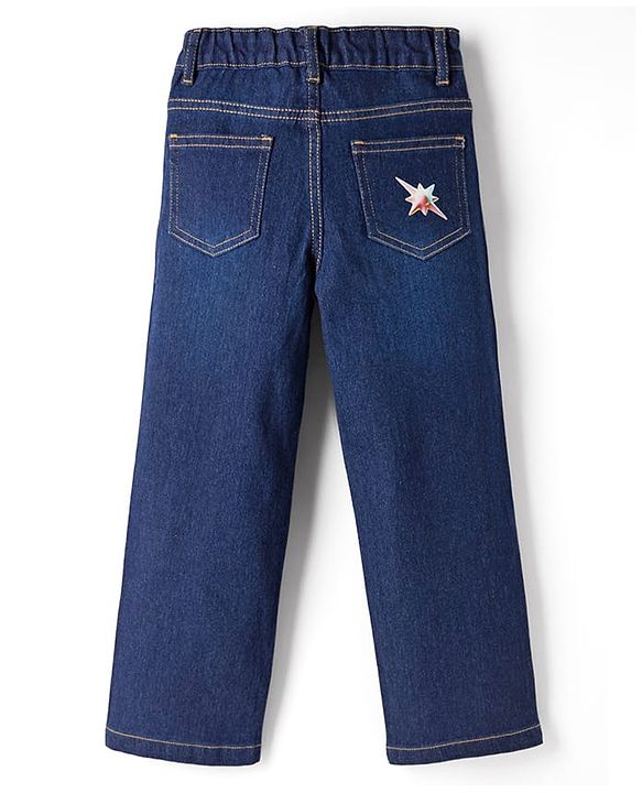 Pine Kids Denim Woven Full Length Hearts & Floral Printed Jeans - Navy Blue