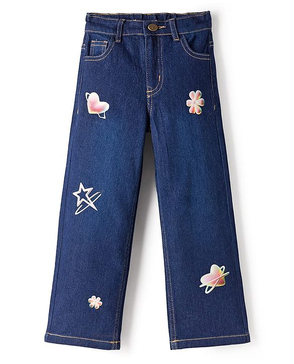 Pine Kids Denim Woven Full Length Hearts & Floral Printed Jeans - Navy Blue