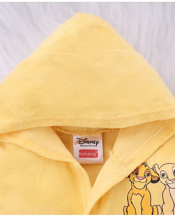 Babyhug Disney Terry Knit Hooded Bathrobe with Pockets & Lion King Applique - Yellow