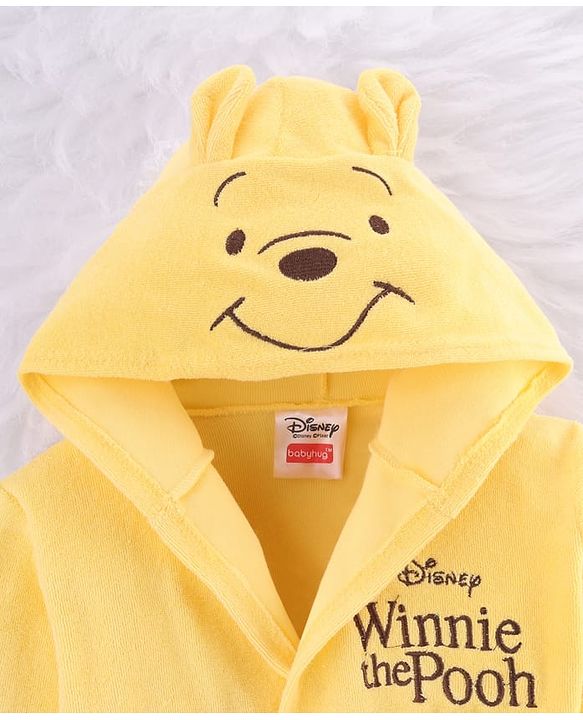 Babyhug Disney Terry Knit Full Sleeves Hooded Bath Robe with Pockets & Winnie the Pooh Graphic - Yellow