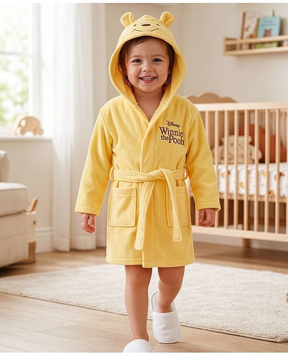 Babyhug Disney Terry Knit Full Sleeves Hooded Bath Robe with Pockets & Winnie the Pooh Graphic - Yellow