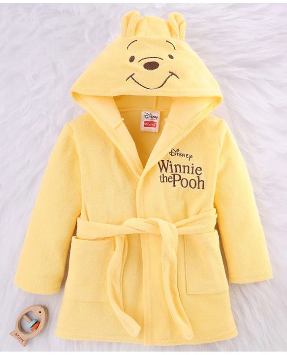 Babyhug Disney Terry Knit Full Sleeves Hooded Bath Robe with Pockets & Winnie the Pooh Graphic - Yellow