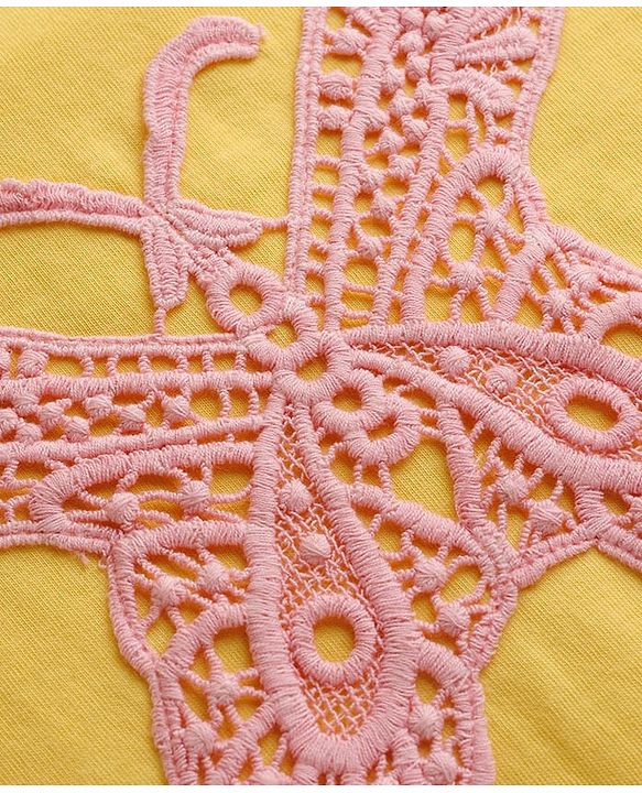Babyhug Cotton Knit Half Sleeves Crochet Butterfly Embroidered T-Shirt - Yellow
