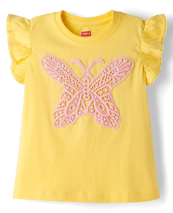 Babyhug Cotton Knit Half Sleeves Crochet Butterfly Embroidered T-Shirt - Yellow