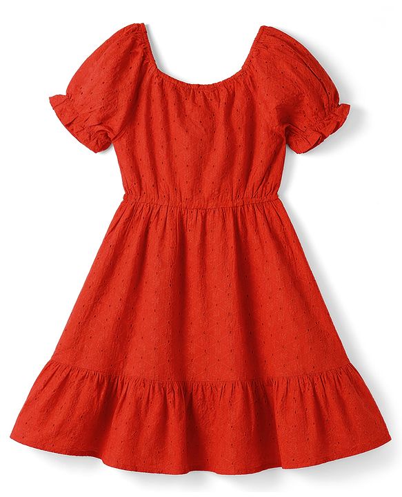Pine Kids Cotton Woven One Piece Dresses/Frocks with Puff Sleeves TOMATO 4-5 Years