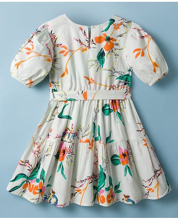 Pine Kids 100% Cotton Woven Half Sleeves Floral Printed Frock With Belt - Multicolour