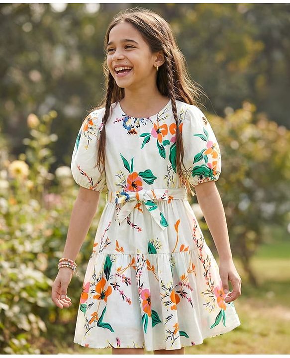 Pine Kids 100% Cotton Woven Half Sleeves Floral Printed Frock With Belt - Multicolour