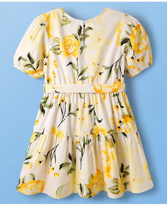 Pine Kids Poplin Woven Half Puffed Sleeves Floral Printed Frock - White & Yellow