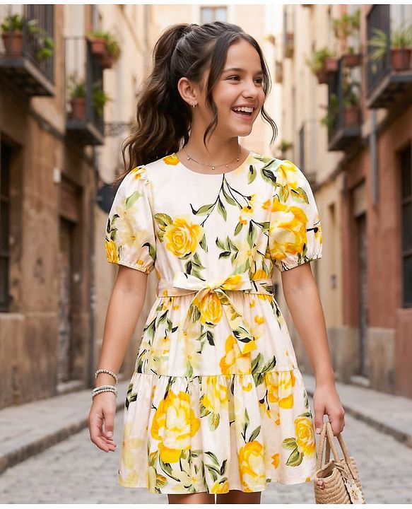 Pine Kids Poplin Woven Half Puffed Sleeves Floral Printed Frock - White & Yellow