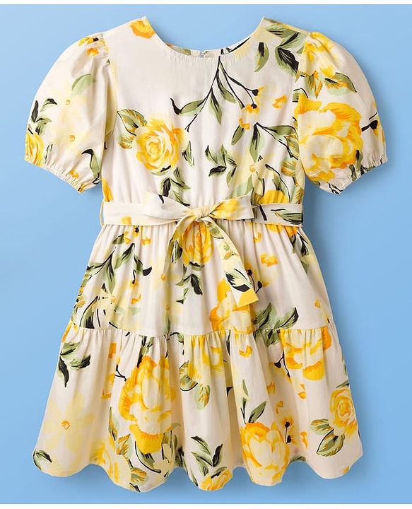 Pine Kids Poplin Woven Half Puffed Sleeves Floral Printed Frock - White & Yellow