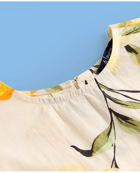 Pine Kids Poplin Woven Half Puffed Sleeves Floral Printed Frock - White & Yellow