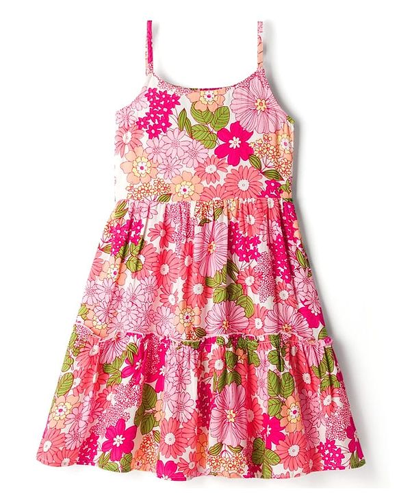 Pine Kids Rayon Woven Sleeveless Floral Printed Tiered Frock - Pink