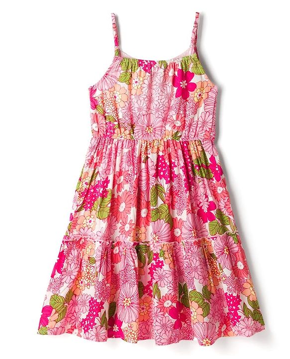 Pine Kids Rayon Woven Sleeveless Floral Printed Tiered Frock - Pink