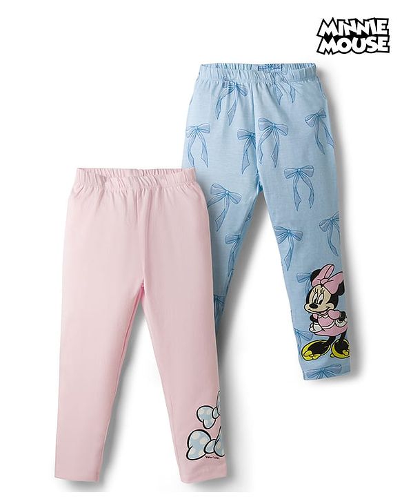 Babyhug Disney Knit Full Length Leggings with Minnie Mouse Graphics Pack of 2 - Pink & Light Blue