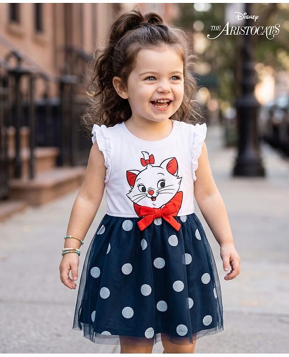 Babyhug Disney 100% Cotton Knit Sleeveless Frock With Marie Graphic & Mesh Detailing - Multicolor