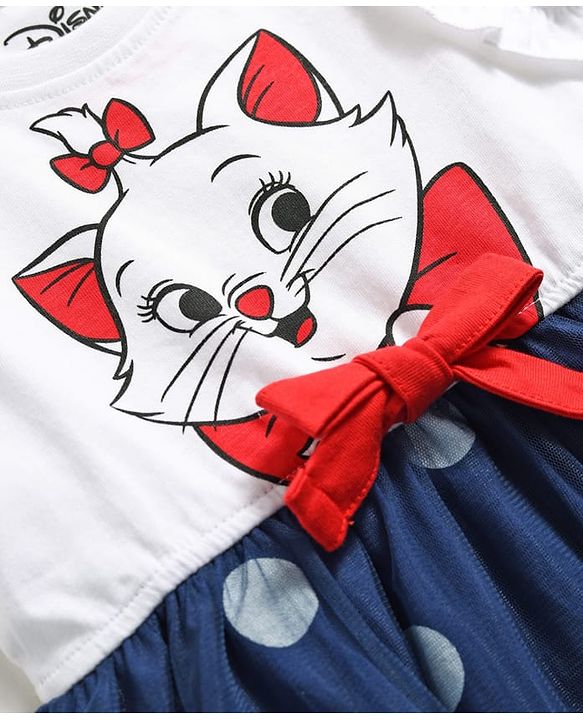 Babyhug Disney 100% Cotton Knit Sleeveless Frock With Marie Graphic & Mesh Detailing - Multicolor