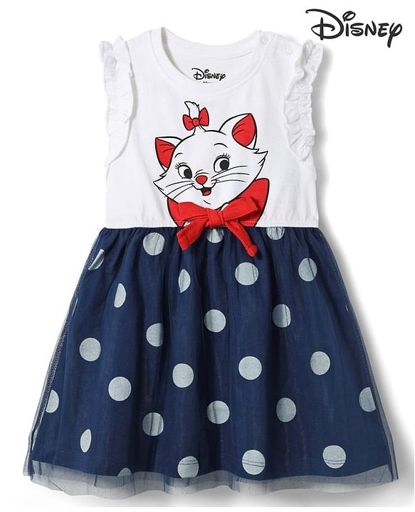 Babyhug Disney 100% Cotton Knit Sleeveless Frock With Marie Graphic & Mesh Detailing - Multicolor