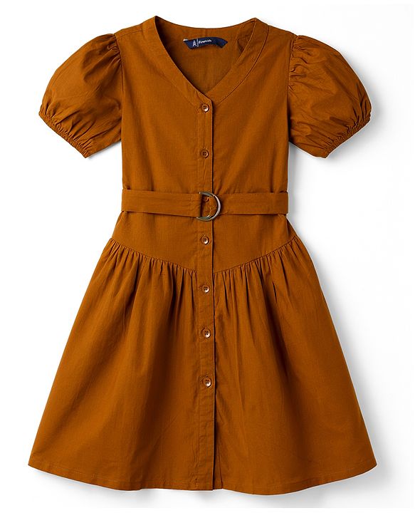 Pine Kids Cotton Woven One Piece Dresses/Frocks with Puff Sleeves and V-Neck LEATHER BROWN 4-5 Years