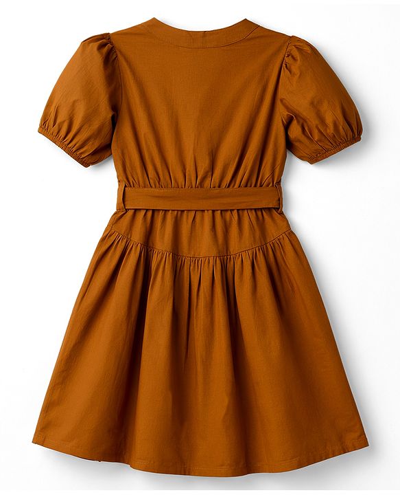 Pine Kids Cotton Woven One Piece Dresses/Frocks with Puff Sleeves and V-Neck LEATHER BROWN 4-5 Years