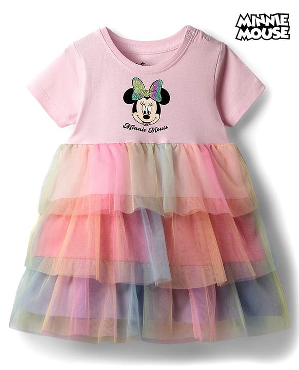Babyhug Disney Cotton Knit One Piece Dress with Minnie Mouse Graphics and Mesh Detailing MULTICOLOR 6-9 Months
