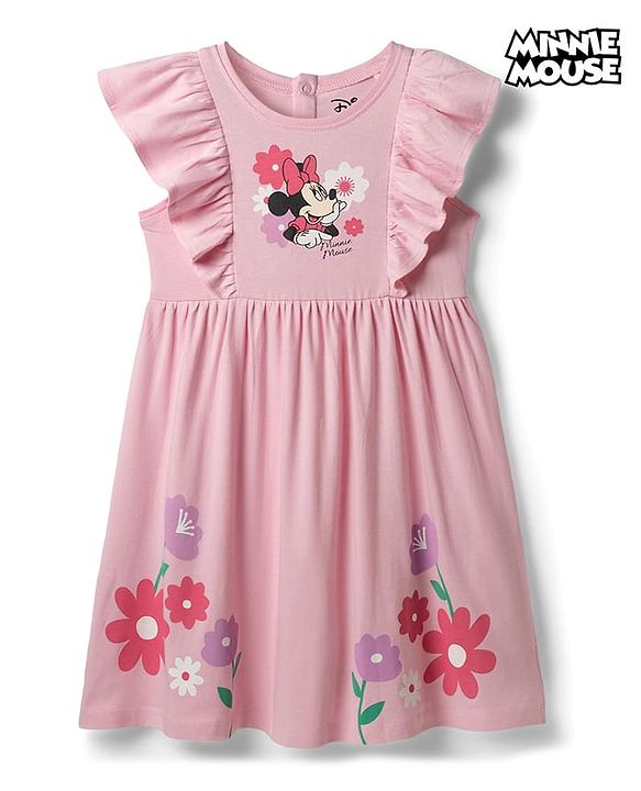Babyhug Disney Cotton Knit Frock with Minnie Mouse Graphics and Frill Detailing PINK 6-9 Months