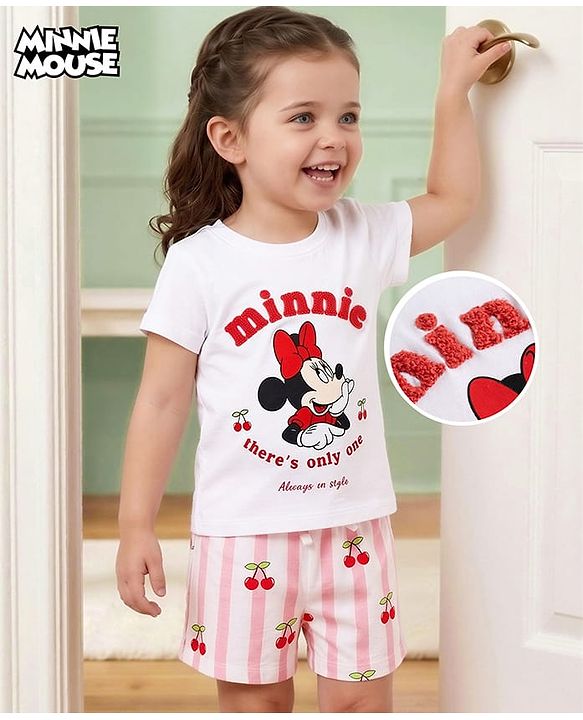 Babyhug Disney Single Jersey Knit Half Sleeves T-Shirt & Striped Shorts Night Suit With Minnie Mouse Graphic & Cherry Print - White