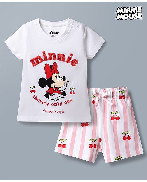 Babyhug Disney Single Jersey Knit Half Sleeves T-Shirt & Striped Shorts Night Suit With Minnie Mouse Graphic & Cherry Print - White