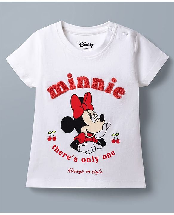Babyhug Disney Single Jersey Knit Half Sleeves T-Shirt & Striped Shorts Night Suit With Minnie Mouse Graphic & Cherry Print - White