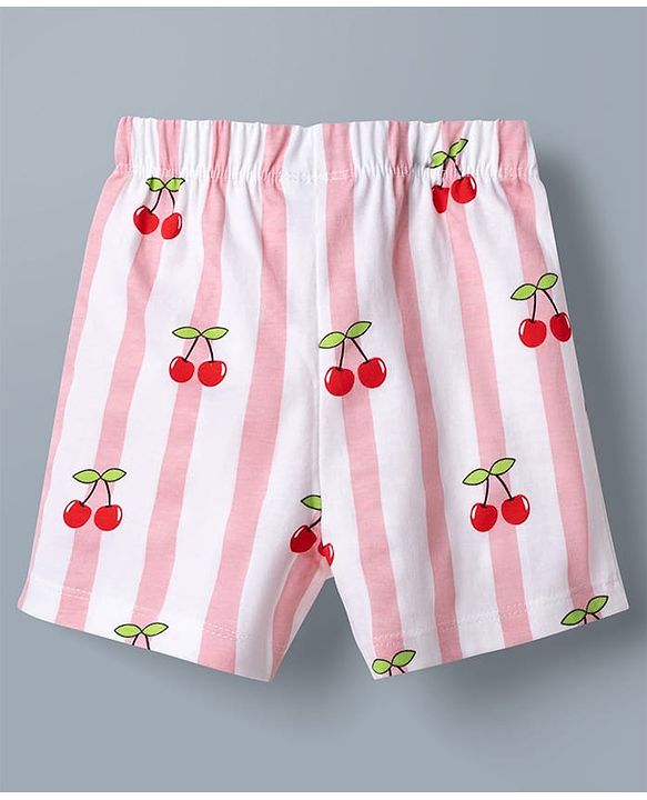 Babyhug Disney Single Jersey Knit Half Sleeves T-Shirt & Striped Shorts Night Suit With Minnie Mouse Graphic & Cherry Print - White