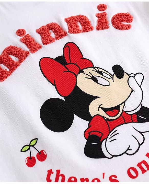 Babyhug Disney Single Jersey Knit Half Sleeves T-Shirt & Striped Shorts Night Suit With Minnie Mouse Graphic & Cherry Print - White