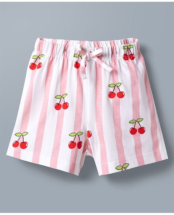 Babyhug Disney Single Jersey Knit Half Sleeves T-Shirt & Striped Shorts Night Suit With Minnie Mouse Graphic & Cherry Print - White
