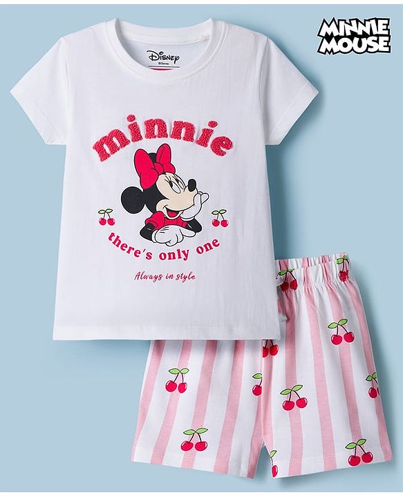 Babyhug Disney Single Jersey Knit Half Sleeves T-Shirt & Striped Shorts Night Suit With Minnie Mouse Graphic & Cherry Print - White