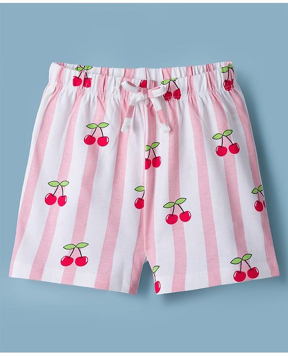Babyhug Disney Single Jersey Knit Half Sleeves T-Shirt & Striped Shorts Night Suit With Minnie Mouse Graphic & Cherry Print - White