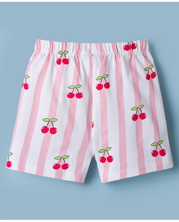 Babyhug Disney Single Jersey Knit Half Sleeves T-Shirt & Striped Shorts Night Suit With Minnie Mouse Graphic & Cherry Print - White