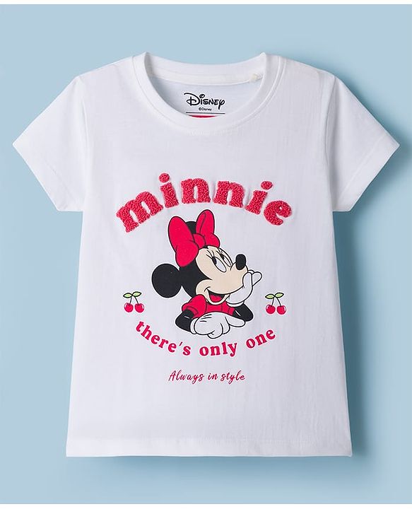 Babyhug Disney Single Jersey Knit Half Sleeves T-Shirt & Striped Shorts Night Suit With Minnie Mouse Graphic & Cherry Print - White