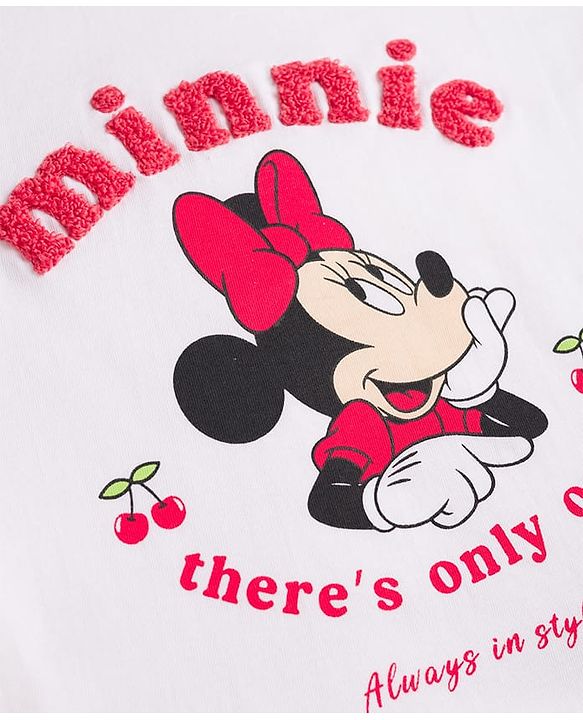 Babyhug Disney Single Jersey Knit Half Sleeves T-Shirt & Striped Shorts Night Suit With Minnie Mouse Graphic & Cherry Print - White