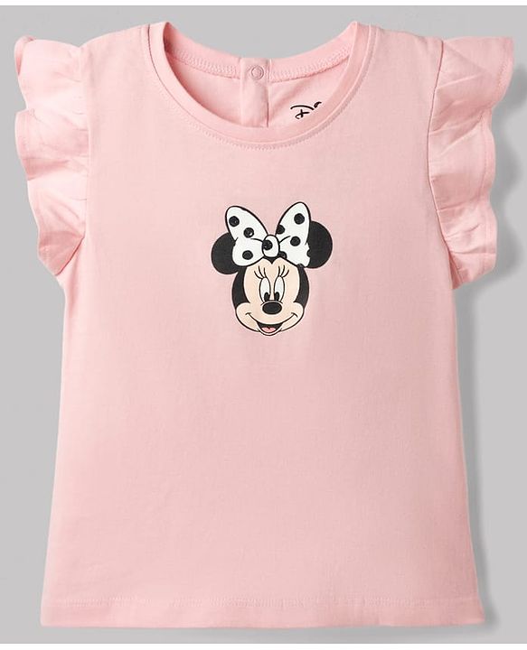 Babyhug Disney 100% Cotton Knit Half Frill Sleeves Top & Skirt Set With Polka Dots & Minnie Mouse Graphic - Pink & White